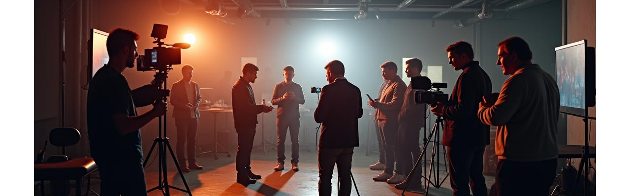 Team of professional photographers in a studio setting, working together