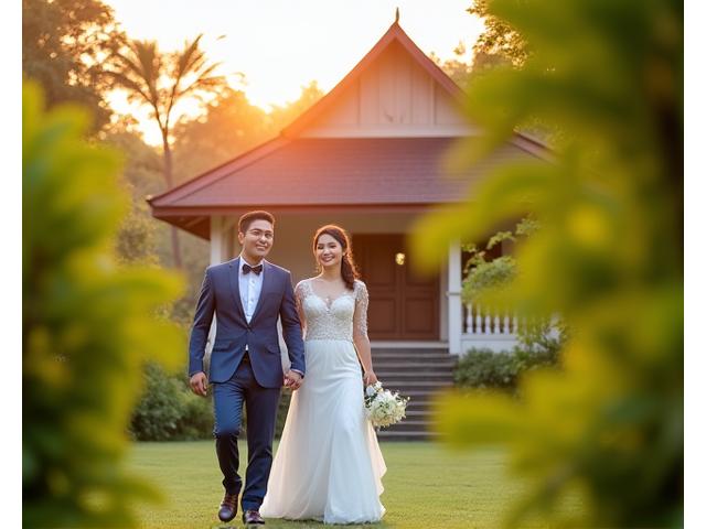 A newlywed couple joyfuly walking hand-in-hand in a lush garden during sunset in Malaysia