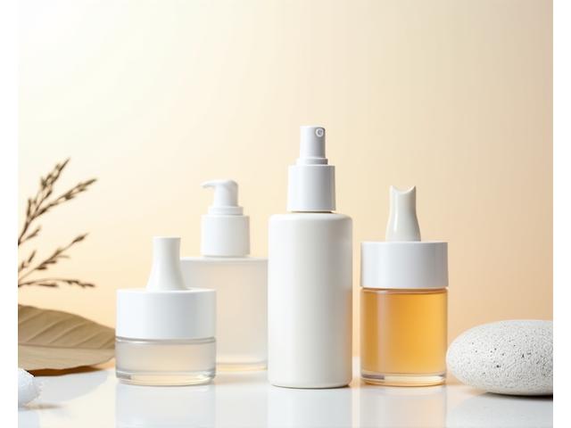 Stylized product photography of skincare bottles on a clean background